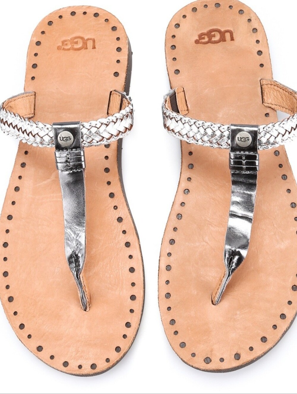 UGG Metallic Silver Braided Thong Sandals with Studded Tan Footbed 1011202